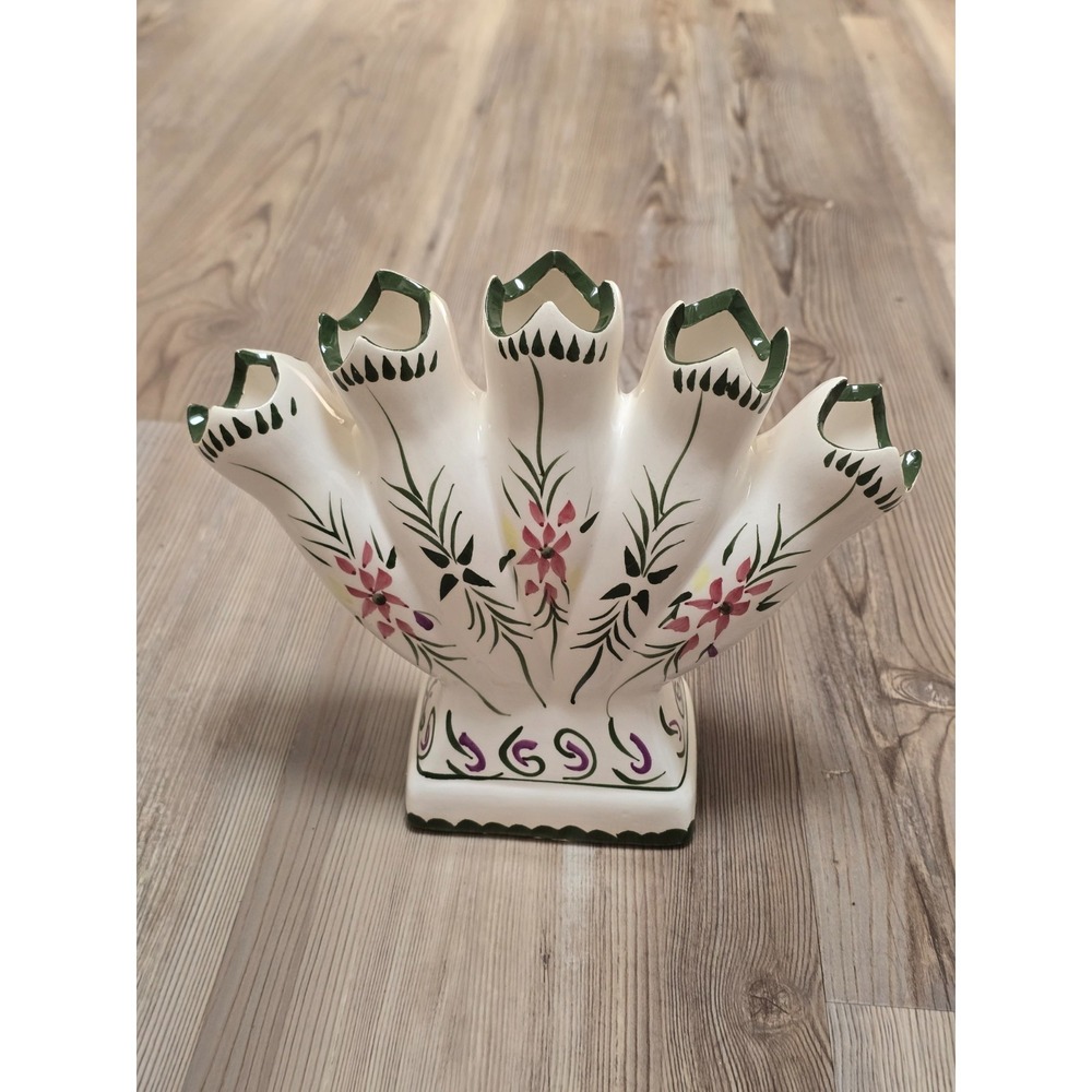 Vintage Ceramic Florentine Fan Vase Hand Painted Floral Open Box
